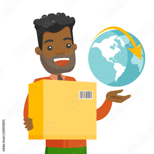 Young african-american man holding box with parcel and world globe. International delivery service and global business concept. Vector cartoon illustration isolated on white background. Square layout.