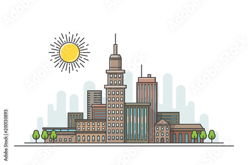 Flat line city landscape. Vector illustration