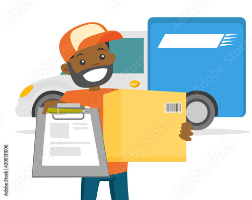 Young african-american courier delivering parcel box to the customer. Delivery man giving parcel box to recipient. Delivery service concept. Vector cartoon illustration isolated on white background.