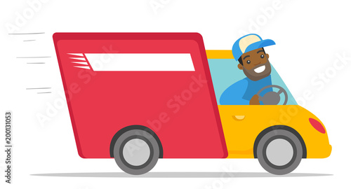 African-american man driving a delivery truck. Happy courier looking through a truck window. Delivery cargo service concept. Vector cartoon illustration isolated on white background. Horizontal layout