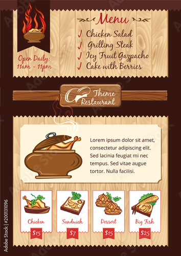 Hot food, barbecue menu template, vector background, wooden texture