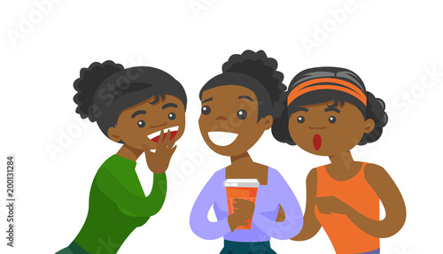 Young african-american woman shielding her mouth and whispering a gossip to her friends. Three women discussing gossips. Vector cartoon illustration isolated on white background. Horizontal layout.
