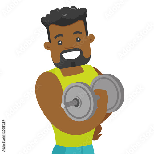 Young african-american strong bodybuilder doing exercises with a heavy weight dumbbell. Muscular sportsman pumping up biceps. Vector cartoon illustration isolated on white background. Square layout.