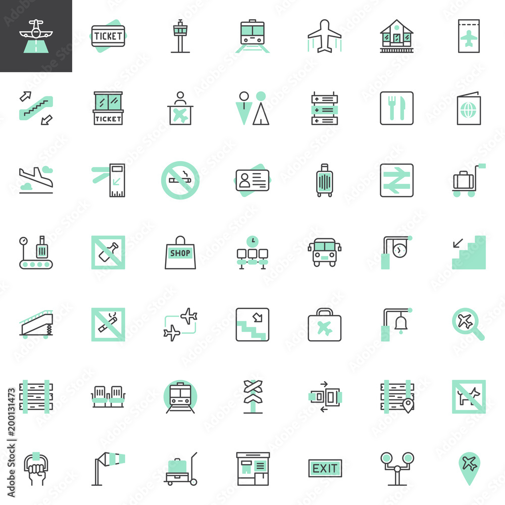 Travel transportation vector icons set, modern linear symbol collection, bicolor style pictogram pack. Signs logo illustration. Set includes icons as train station, ticket office railway, subway