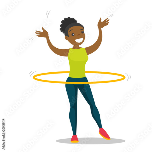 Young african-american sportswoman doing fitness exercises with hula hoop. Cheerful woman at workout with hoop for her waist. Vector cartoon illustration isolated on white background. Square layout.