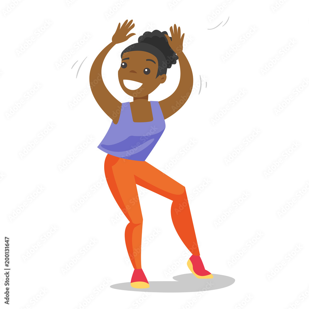 Fototapeta premium Young happy african-american woman energetically dancing. Cheerful smiling woman dancing. Healthy lifestyle and sport concept. Vector cartoon illustration isolated on white background. Square layout.