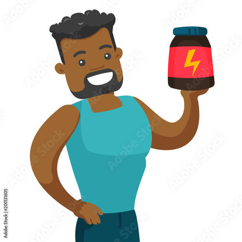 African-american sportsman holding a jar with protein. Young muscular bodybuilder with protein jar. Bodybuilding and sports nutrition concept. Vector cartoon illustration isolated on white background.