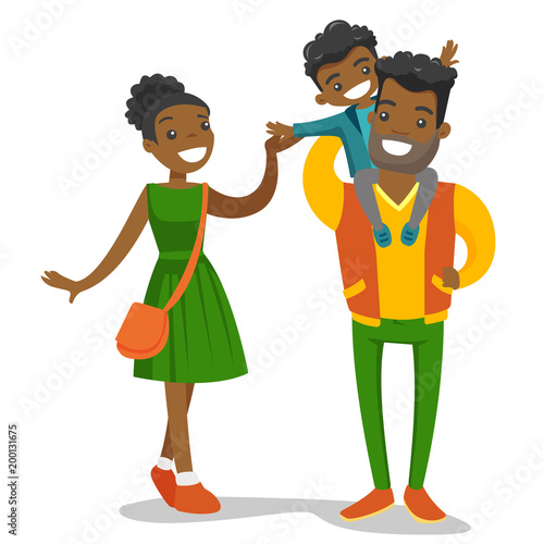 Young happy african-american family of four walking and having fun together. Father carrying his daughter on shoulders during family strolling. Vector cartoon illustration isolated on white background