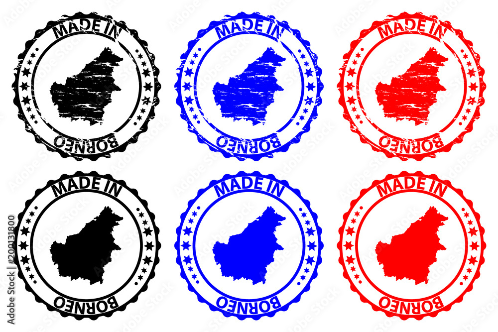 Made in Borneo - rubber stamp - vector, Borneo map pattern - black, blue and red Made in Borneo - rubber stamp - vector, Borneo map pattern - black, blue and red