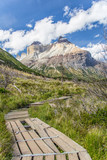 Trekking in Torres del Paine Nation Park with view on Cerro Paine Grande mountain, Patagonia, Chile