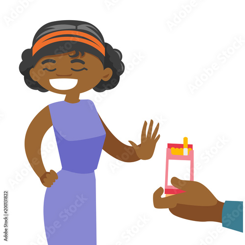 Young african-american woman refusing to take a cigarette from a pack of cigarettes. Quit smoking and healthy lifestyle concept. Vector cartoon illustration isolated on white background. Square layout