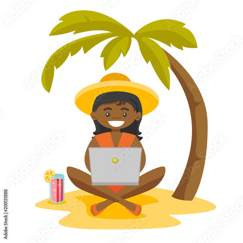 African-american business woman working on the beach. Young woman sitting on a sandy beach under palm tree and using a laptop on vacation. Vector cartoon illustration isolated on white background.