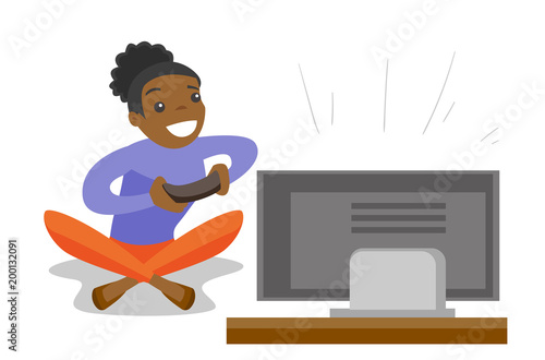 Happy african-american gamer playing video game on the television. Excited young woman with console in hands playing video game at home. Vector cartoon illustration isolated on white background.