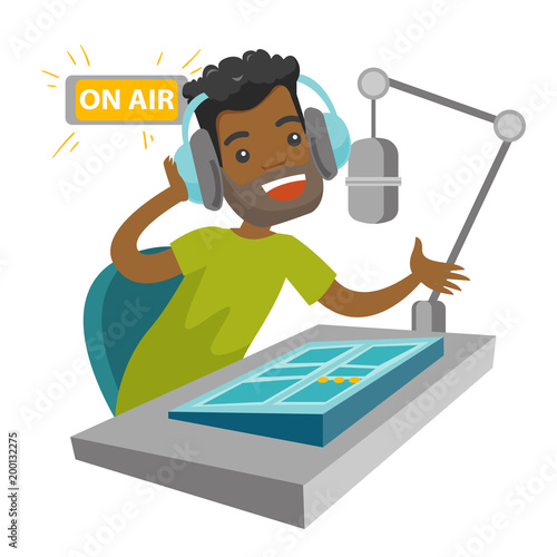 African-american radio host sitting in front of microphone and mixing console. Young man in headset working at the radio studio. Vector cartoon illustration isolated on white background. Square layout