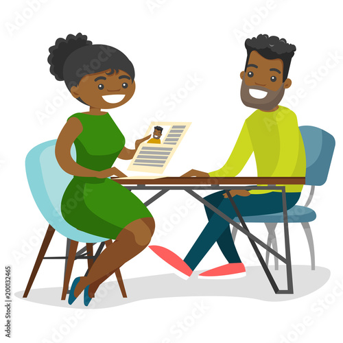 African-american businesswoman and businessman talking on business meeting. Interviewer reading resume of an applicant during a job interview. Vector cartoon illustration isolated on white background.