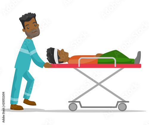 African-american emergency doctor transporting victim after accident on the stretcher. Paramedic carrying an injured man on medical stretcher. Vector cartoon illustration isolated on white background.