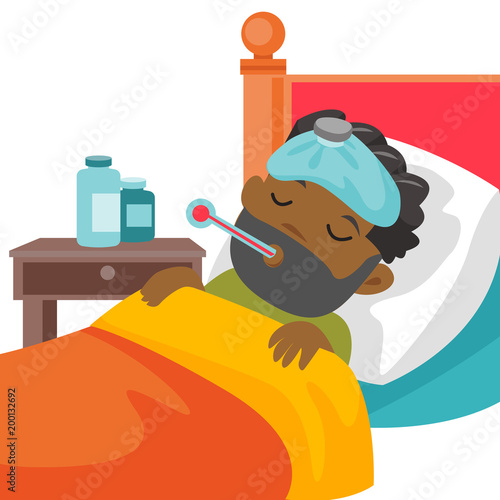 Sick caucasain white boy with fever laying in bed and measuring temperature with a thermometer. Sick patient having headache and suffering from flu virus. Vector cartoon illustration. Square layout.