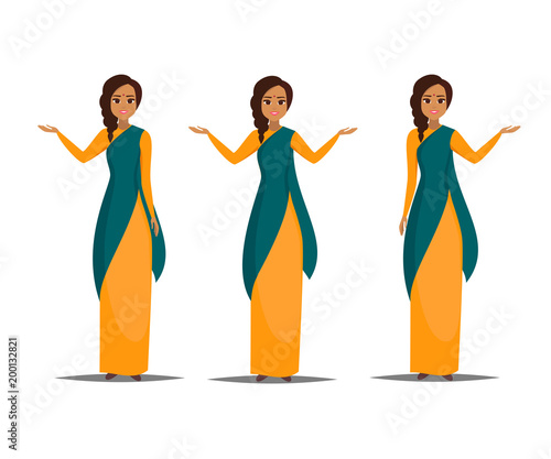 Set of Cartoon business indian woman character with present pose. Smiling girl pointing left and right. Young indian woman wearing saree. Vector illustration isolated from white background