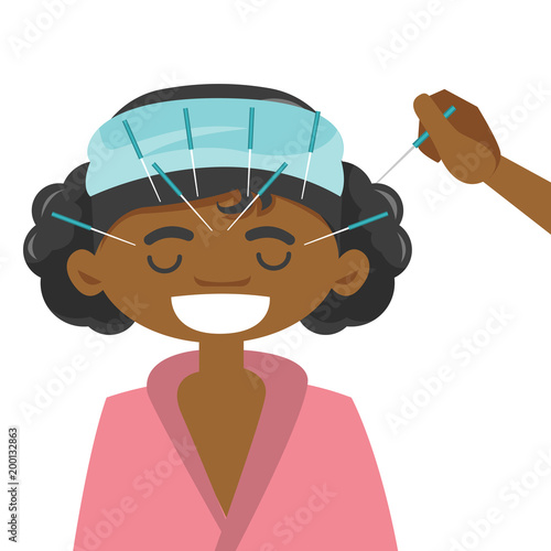 Young african-american woman getting acupuncture treatment in the spa