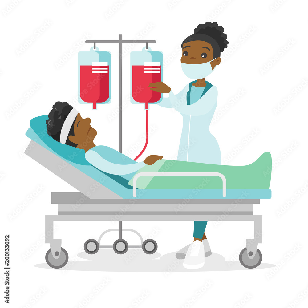African-american doctor visiting patient in coma lying in bed in the hospital. Patient during blood transfusion procedure. Health care concept. Vector cartoon illustration isolated on white background