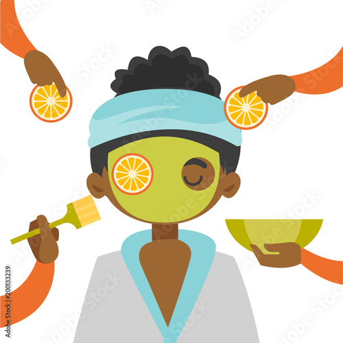 Hands of csmetologist applying orange and cosmetic mask on face of a young african-american client in beauty salon. Spa treatment and skin care concept. Vector cartoon illustration. Square layout.