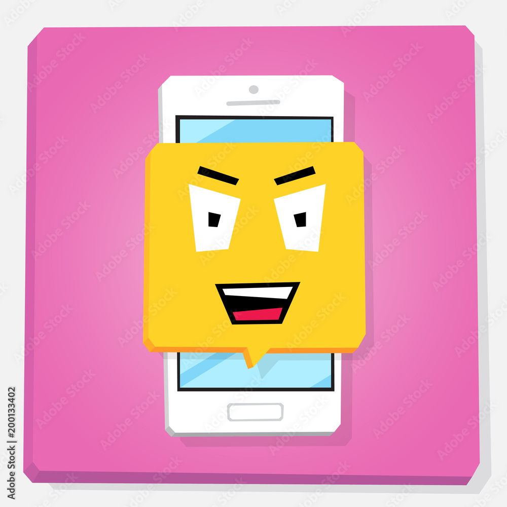 Smartphone 3d isometry flat design illustration. Sinister face in notification window on mobile phone screen. Wicked emoji. Concept of feedback or chat sticker. Smartphone 3d isometry flat design illustration. Sinister face in notification window on mobile phone screen. Wicked emoji. Concept of feedback or chat sticker.