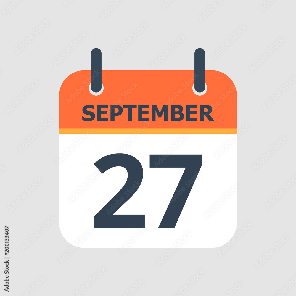 Flat icon calendar 27th of September isolated on gray background. Vector illustration. Flat icon calendar 27th of September isolated on gray background. Vector illustration.