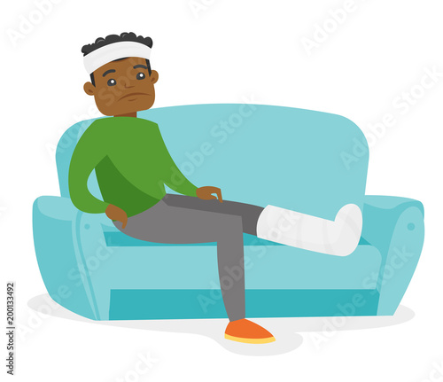 African-american man sitting on the couch with broken leg in gypsum. Injured upset patient with fractured leg in gypsum suffering from pain. Vector cartoon illustration isolated on white background.