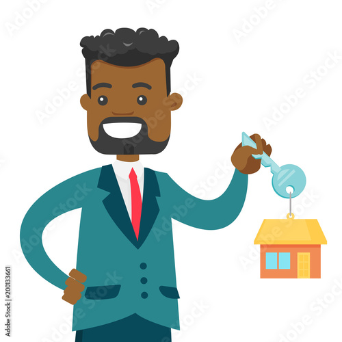 Young happy african-american owner holding key to his new house. Smiling buyer with keys and trinket in the shape of house. Vector cartoon illustration isolated on white background. Square layout.
