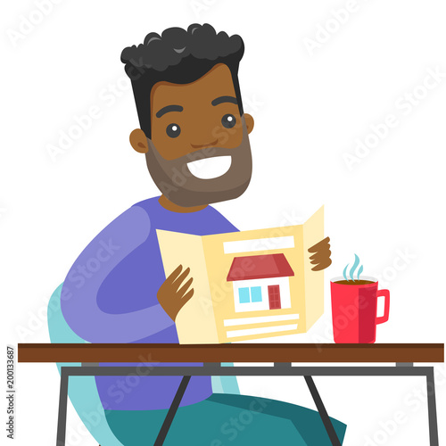 Young african-american man reading real estate advertising. Cheerful man searching house in real estate market. Vector cartoon illustration isolated on white background. Square layout.
