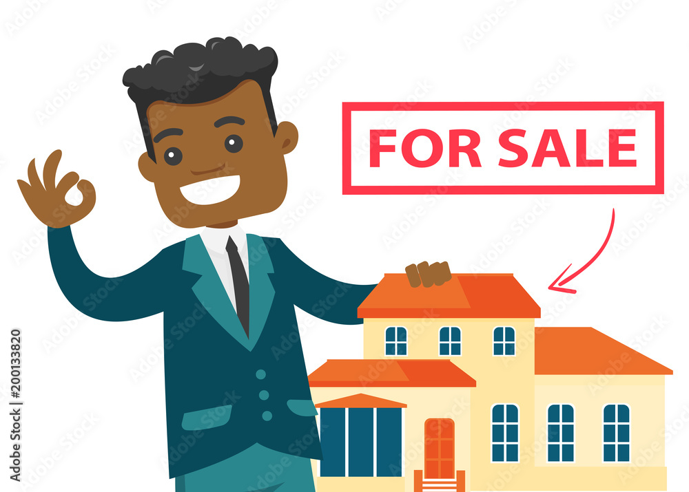 African-american real estate agent offering the house for sale. Real estate  agent showing ok sign during presentation of a house for sale. Vector  cartoon illustration isolated on white background. Stock Vector |
