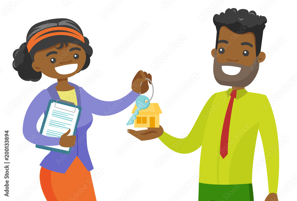 Young african-american real estate agent giving house key to a happy client. Realtor passing key to a new house owner. Vector cartoon illustration isolated on white background. Horizontal layout.