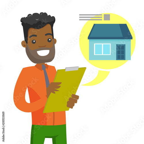 Young african-american businessman reading real estate advertising. Cheerful man searching house in real estate market. Vector cartoon illustration isolated on white background. Square layout.