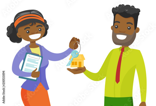 Fototapeta Naklejka Na Ścianę i Meble -  Young african-american real estate agent giving house key to a happy client. Realtor passing key to a new house owner. Vector cartoon illustration isolated on white background. Horizontal layout.