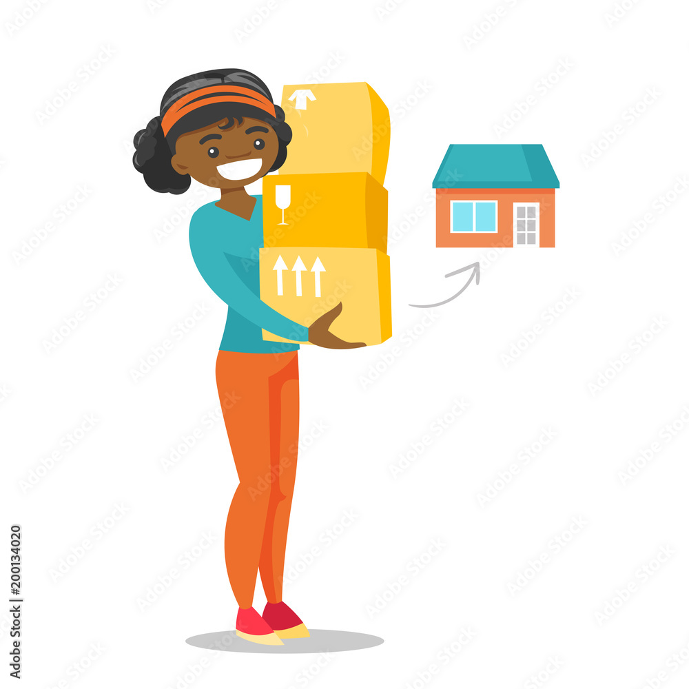 Young african-american woman moving to a new house and carrying boxes. New homeowner holding cardboard boxes. Vector cartoon illustration isolated on white background. Square layout. Young african-american woman moving to a new house and carrying boxes. New homeowner holding cardboard boxes. Vector cartoon illustration isolated on white background. Square layout.