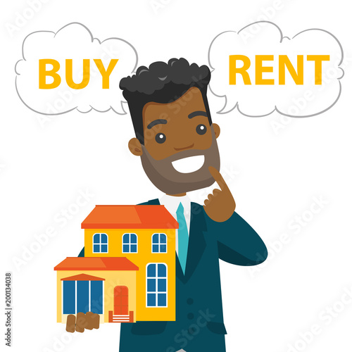 Young african-american man thinking buy or rent a house. Businessman choosing between buying and renting a house. Buy or rent concept. Vector cartoon illustration isolated on white background.