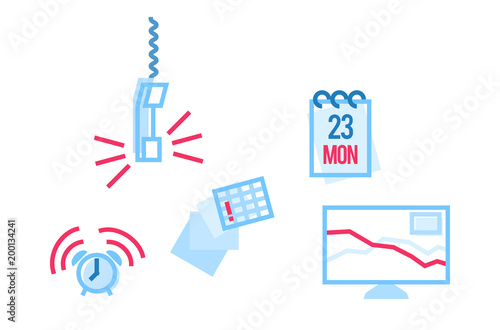 Monday workday in office icons set. Isolated line art style illustration on white background.