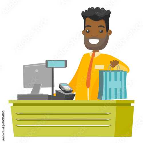 Young african-american cashier standing at the checkout and giving purchase. Male cashier handing over shopping bag. Vector cartoon illustration isolated on white background. Square layout.