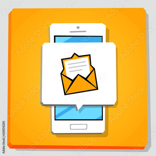 Smartphone 3d isometry flat design vector illustration. Window with new inbox email notification on mobile phone screen. Envelope icon. Open letter, unread message. Concept of mail app.