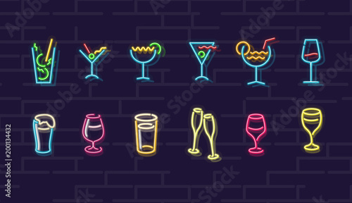 Neon drinks. Cocktails, wine, beer, champagne. Night illuminated wall street sign. Cold alcohol drinks in dark night. Isolated geometric style illustration on brick wall background.