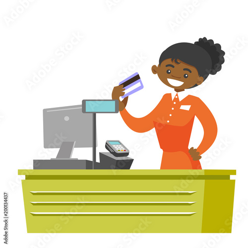 Young african-american cashier holding credit card at the checkout in supermarket. Female cashier working at the cash register. Vector cartoon illustration isolated on white background. Square layout.