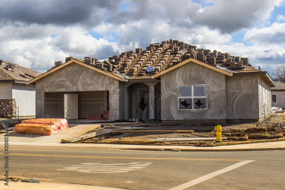 New One Story Home Construction With Recently Applied Stucco Stock ...