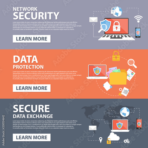 Network Security, Data Protection, Secure Data Exchange flat icons banner template