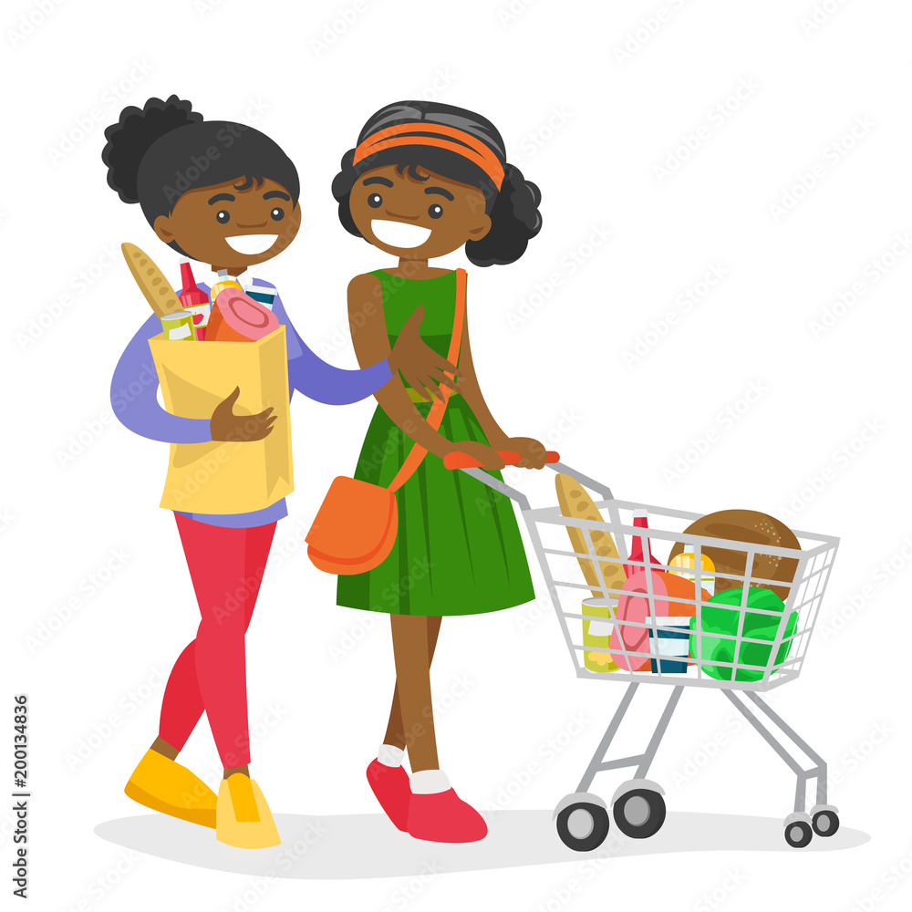 Two young african-american women doing shopping at the grocery shop. Friends walking with shopping cart and bag with food. Vector cartoon illustration isolated on white background. Square layout. Two young african-american women doing shopping at the grocery shop. Friends walking with shopping cart and bag with food. Vector cartoon illustration isolated on white background. Square layout.