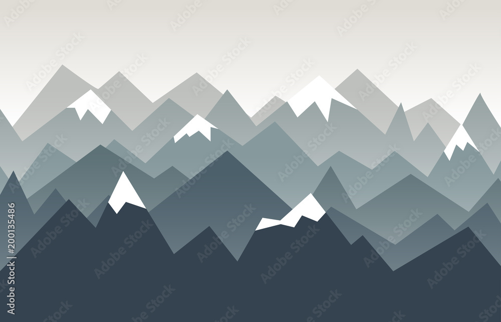 Mountains landscape. Nature background in geometric style. Triangle mountains ridges with snow on the tops.