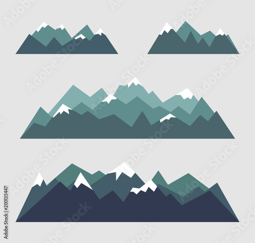 Set of mountains landscapes in geometric style. Triangle mountains ridges with snow on the tops. Vector illustration.