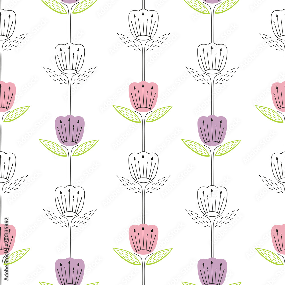seamless pattern with bluebell, campanula naive style. Flowers stylized on white background seamless pattern with bluebell, campanula naive style. Flowers stylized on white background