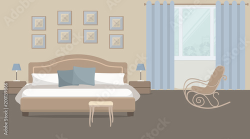 Bedroom in a beige color. There is a bed with blue pillows, bedside tables, a rocking chair on a window background in the image. There are also pictures on the wall. Vector illustration.