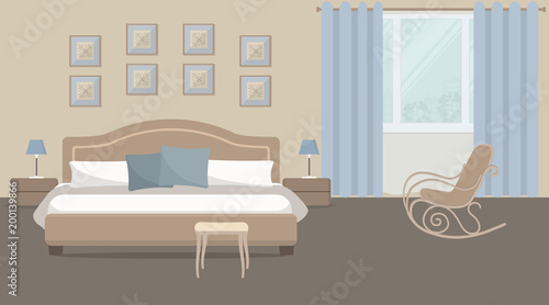 Bedroom in a beige color. There is a bed with blue pillows  bedside tables  a rocking chair on a window background in the image. There are also pictures on the wall. Vector illustration.