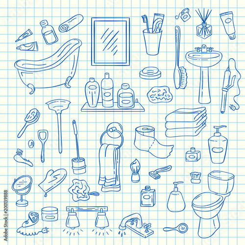 Vector set of hand drawn doodle bathroom elements on blue cell sheet illustration